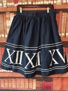 ModCloth Roman Numeral Clock Border Skirt L Navy Cotton Full Midi Pockets